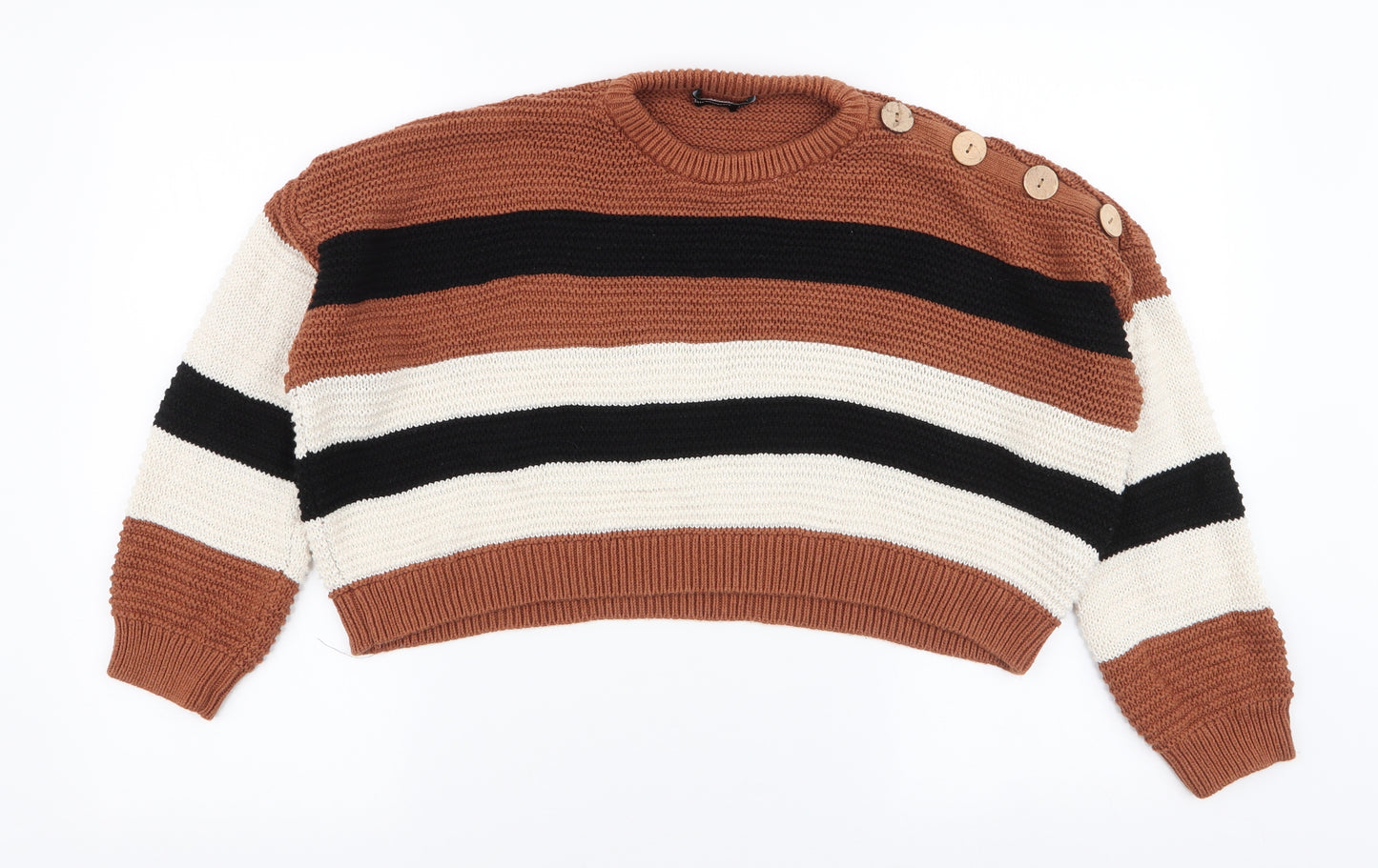 Stradivarius Womens Multicoloured Round Neck Striped Cotton Pullover Jumper Size S   - Cropped
