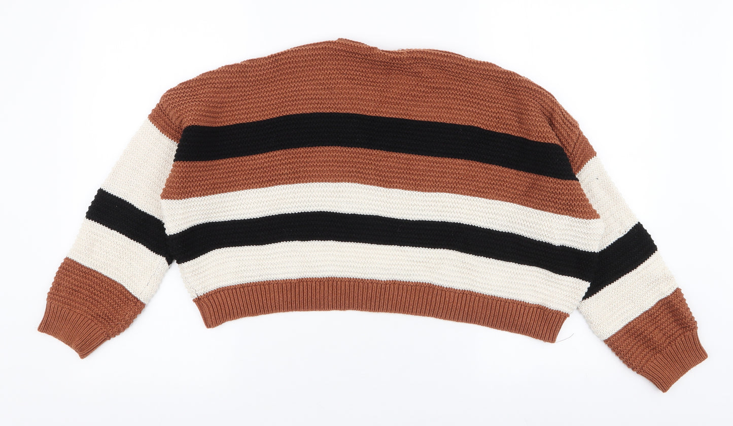 Stradivarius Womens Multicoloured Round Neck Striped Cotton Pullover Jumper Size S   - Cropped