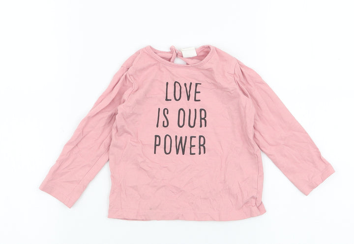 H&M Girls Pink 100% Cotton Jersey T-Shirt Size 6-9 Months Round Neck Button - Love is our power