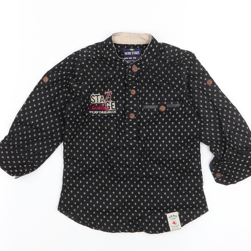 Hero Stars  Boys Black Geometric Cotton Basic Button-Up Size 6-9 Months High Neck Button