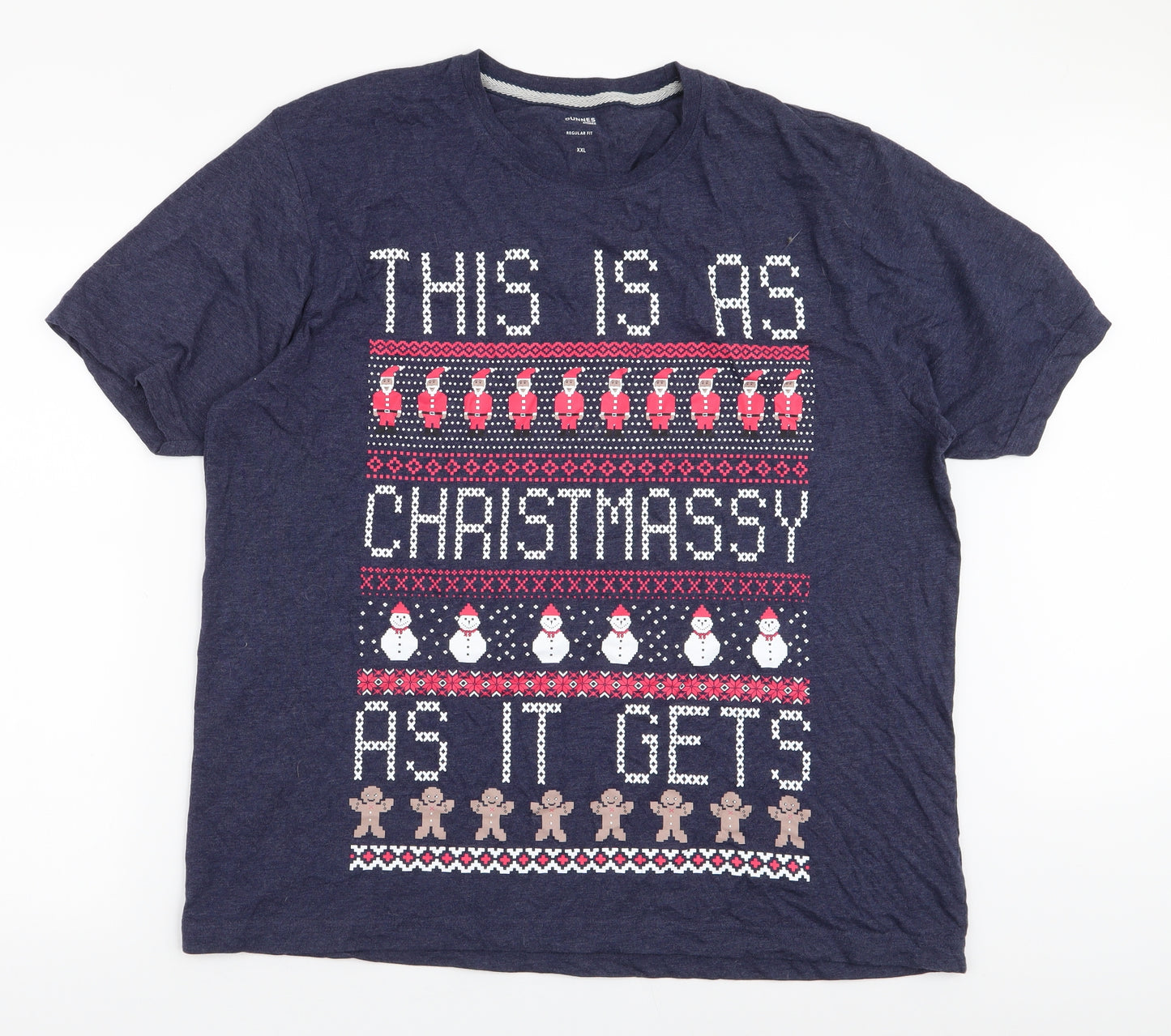 Dunnes Stores Mens Blue Fair Isle Cotton  T-Shirt Size 2XL Round Neck  - Christmas