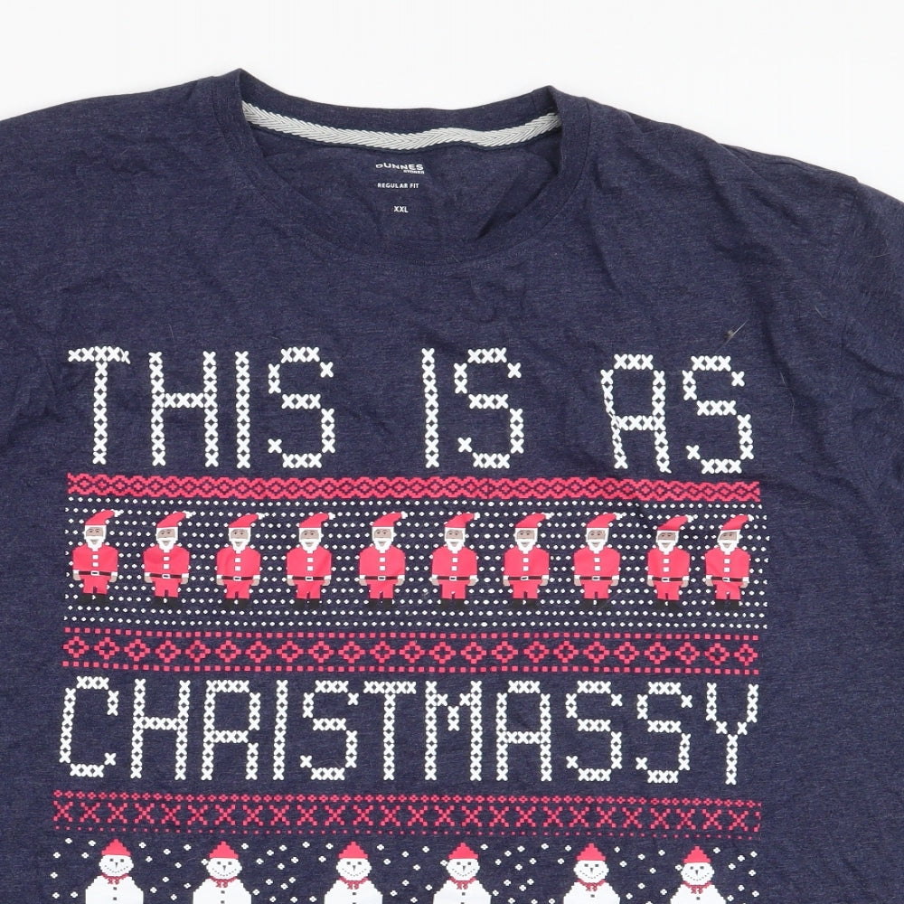 Dunnes Stores Mens Blue Fair Isle Cotton  T-Shirt Size 2XL Round Neck  - Christmas