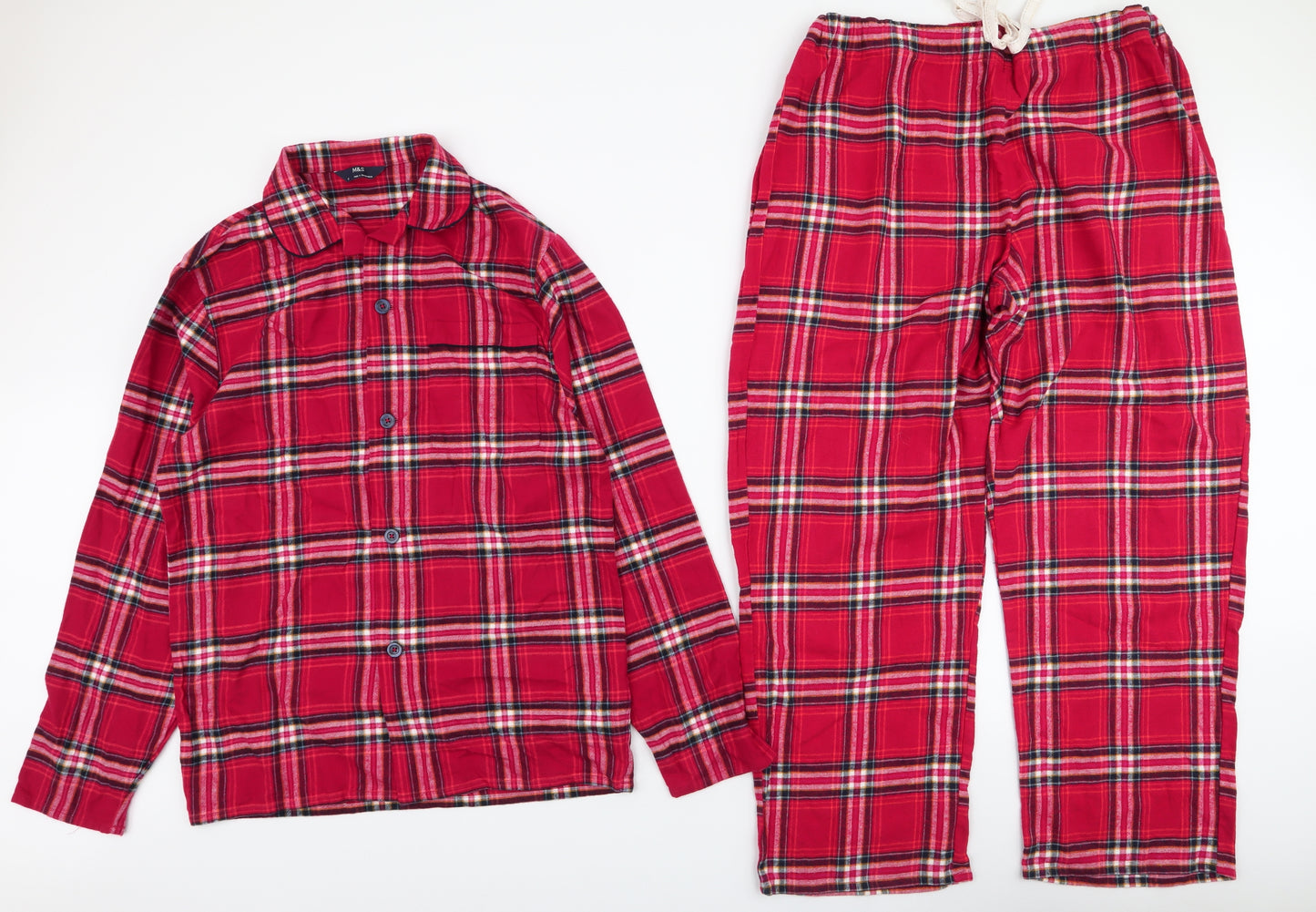 Marks and Spencer Mens Red Plaid 100% Cotton  Pyjama Set Size S  Button