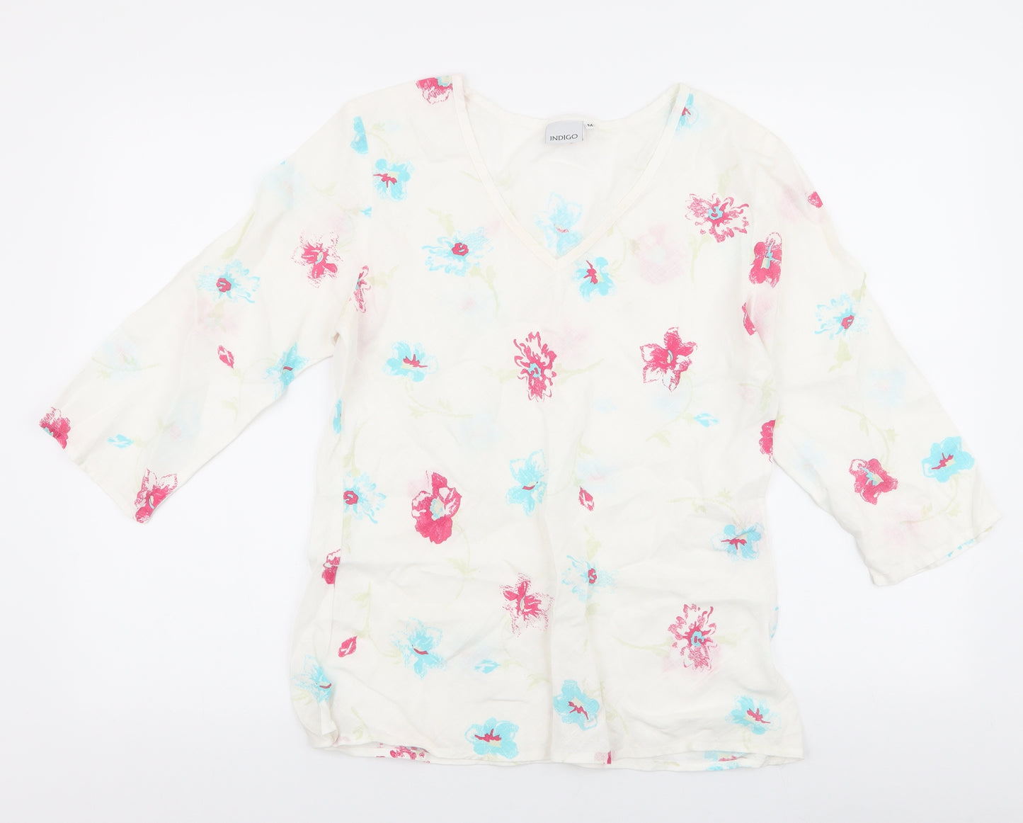 Indigo Womens White Floral Cotton Basic Blouse Size M V-Neck