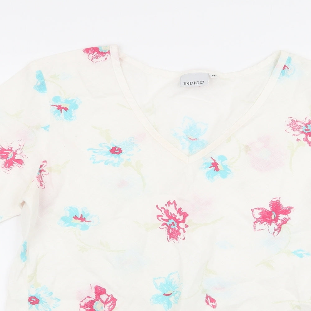 Indigo Womens White Floral Cotton Basic Blouse Size M V-Neck