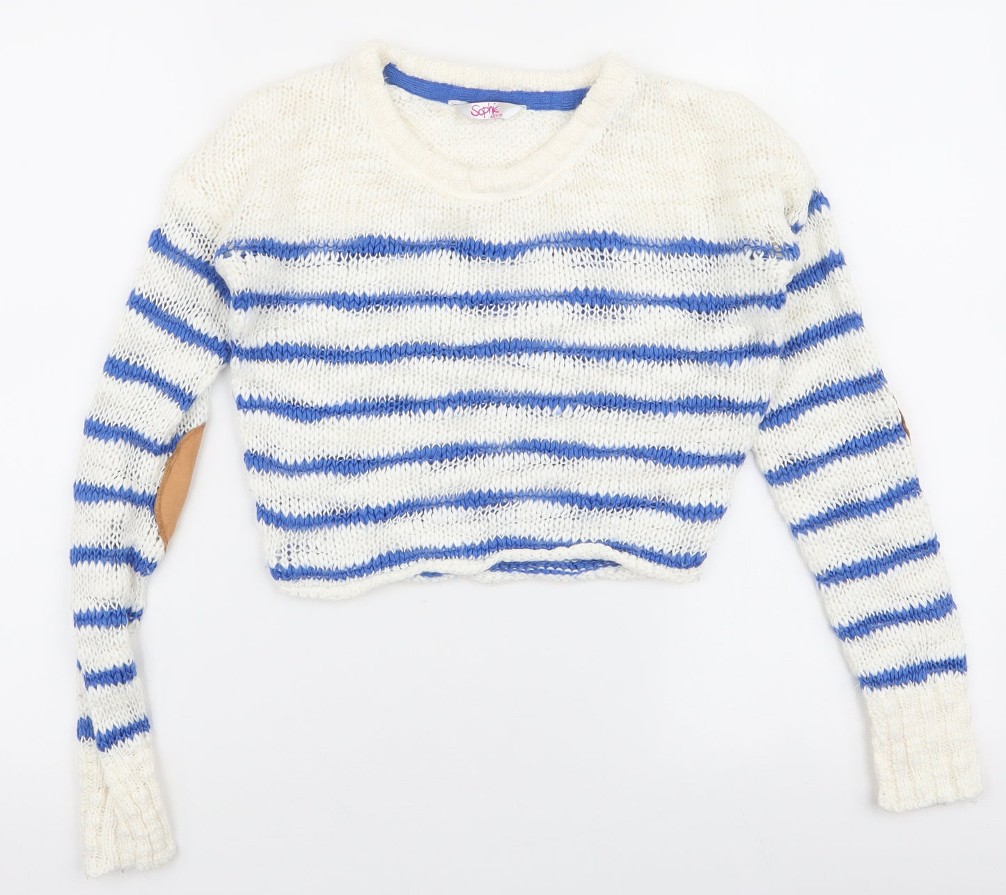 Sophie Girls White Round Neck Striped Acrylic Pullover Jumper Size 8-9 Years  Pullover - Elbow pads