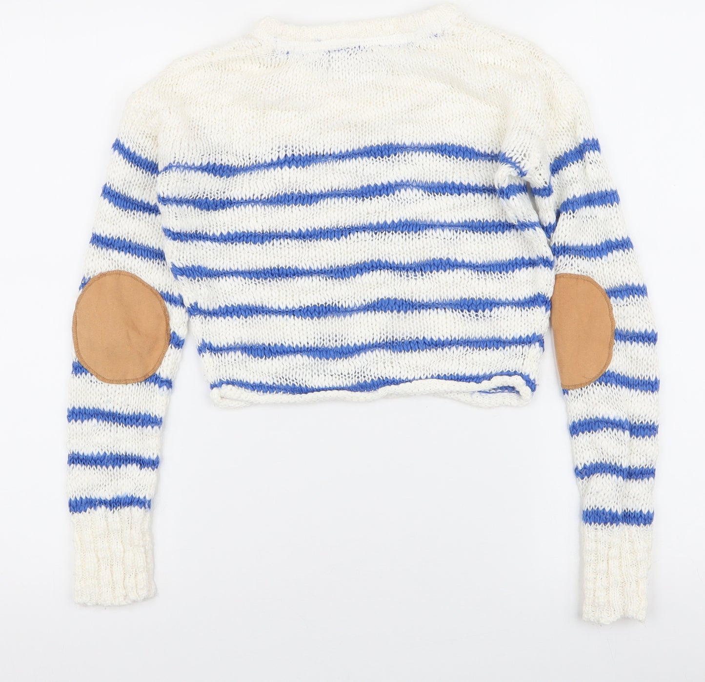 Sophie Girls White Round Neck Striped Acrylic Pullover Jumper Size 8-9 Years  Pullover - Elbow pads