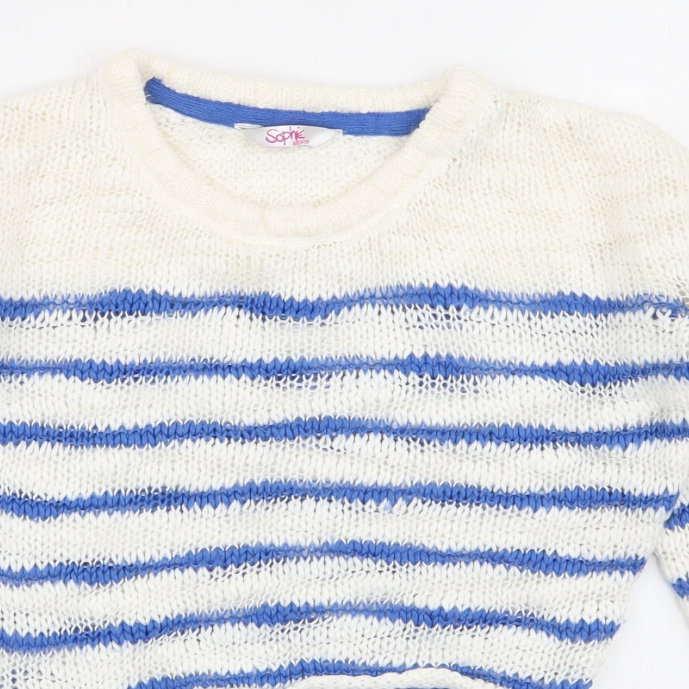 Sophie Girls White Round Neck Striped Acrylic Pullover Jumper Size 8-9 Years  Pullover - Elbow pads