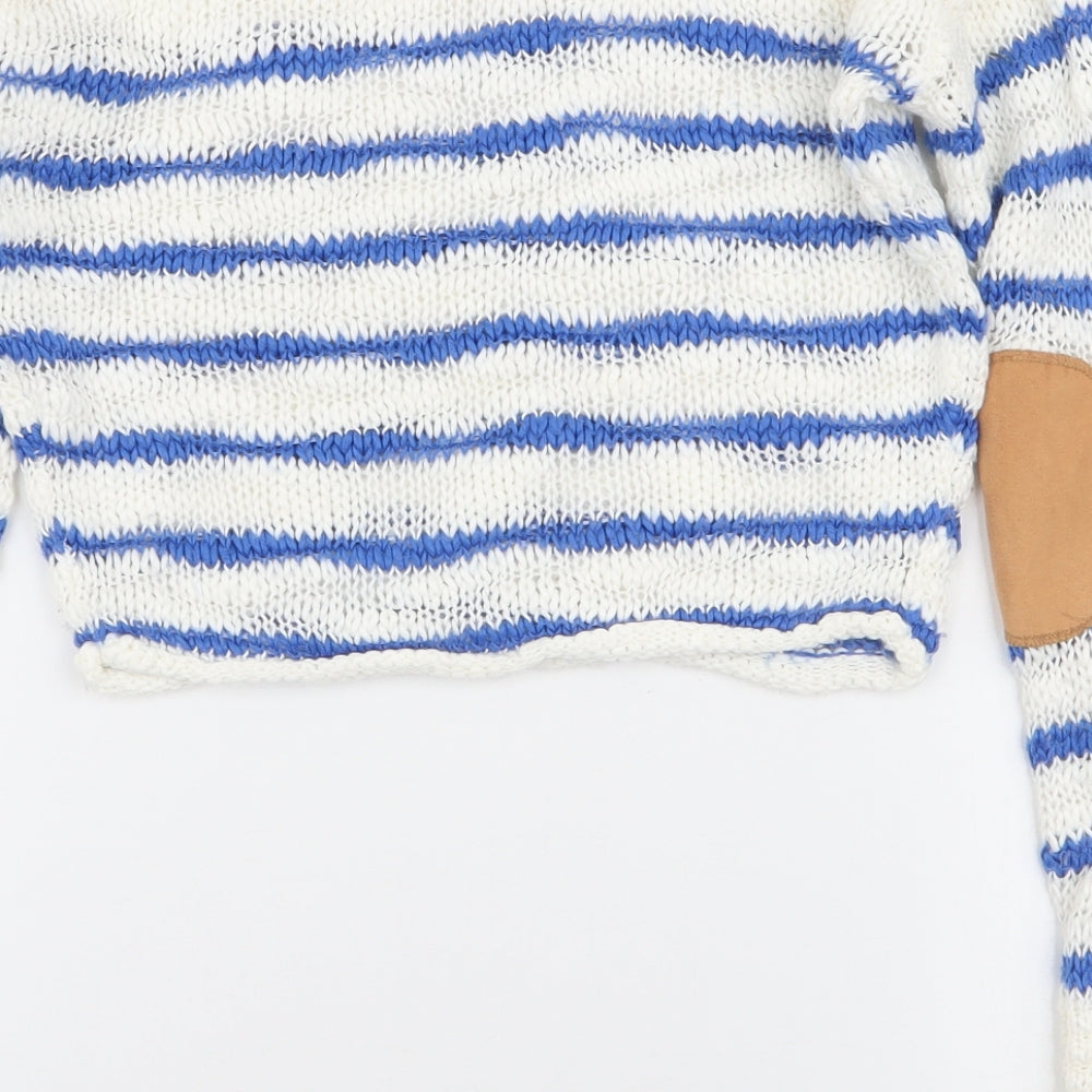 Sophie Girls White Round Neck Striped Acrylic Pullover Jumper Size 8-9 Years  Pullover - Elbow pads