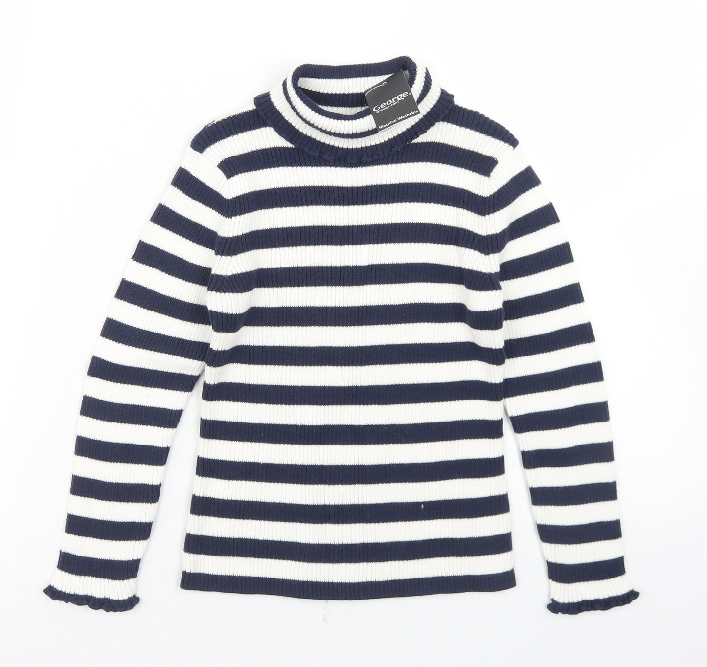 George Girls Blue Roll Neck Striped Cotton Pullover Jumper Size 5-6 Years