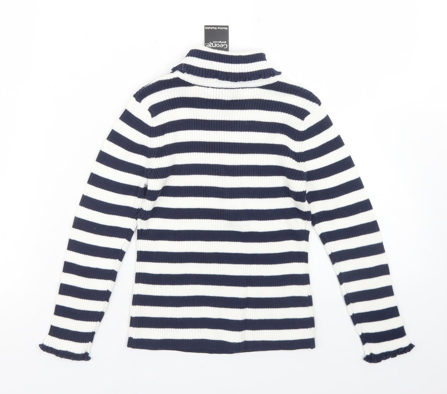 George Girls Blue Roll Neck Striped Cotton Pullover Jumper Size 5-6 Years