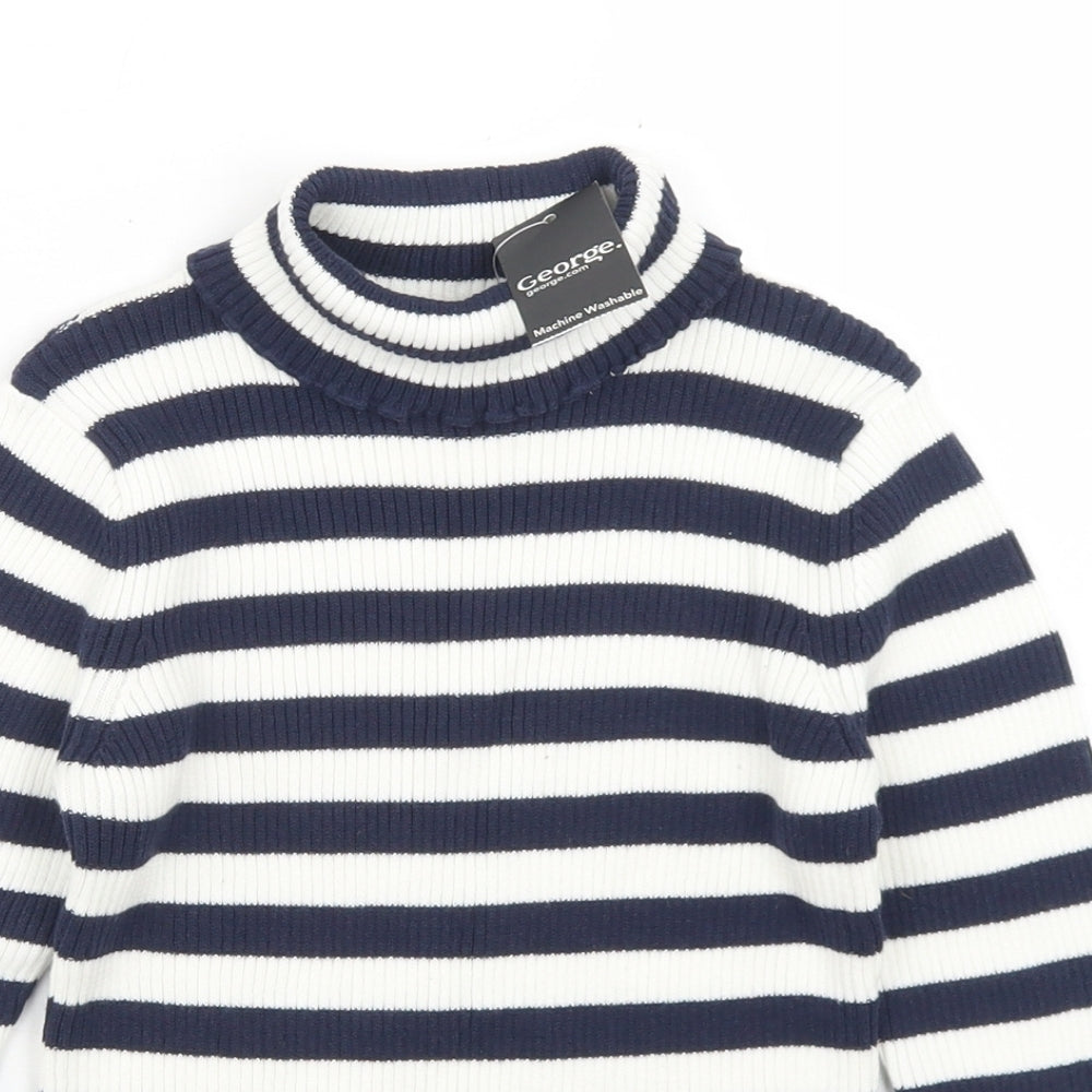 George Girls Blue Roll Neck Striped Cotton Pullover Jumper Size 5-6 Years
