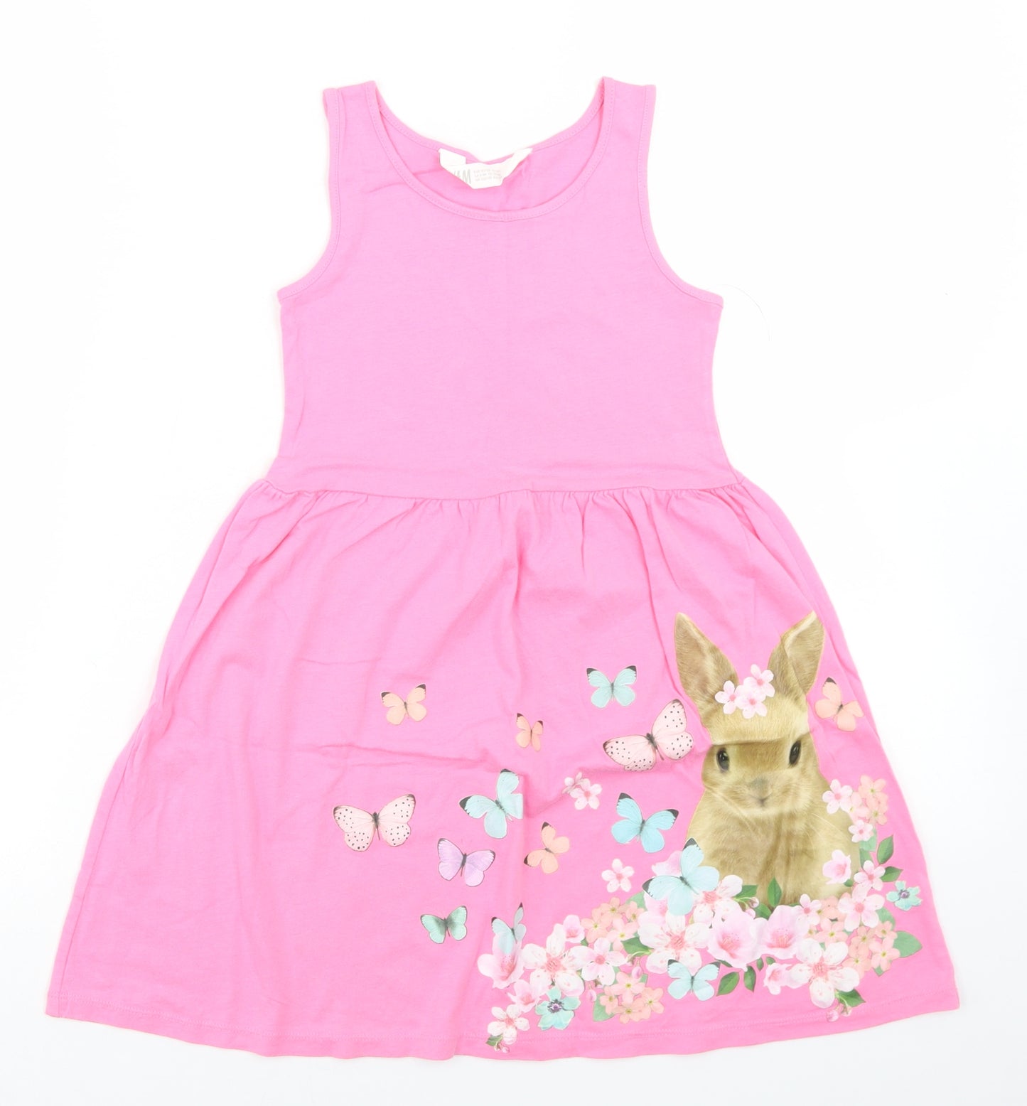 H&M Girls Pink  Cotton Skater Dress  Size 7-8 Years  Round Neck  - Rabbit