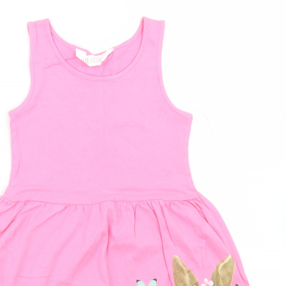 H&M Girls Pink  Cotton Skater Dress  Size 7-8 Years  Round Neck  - Rabbit