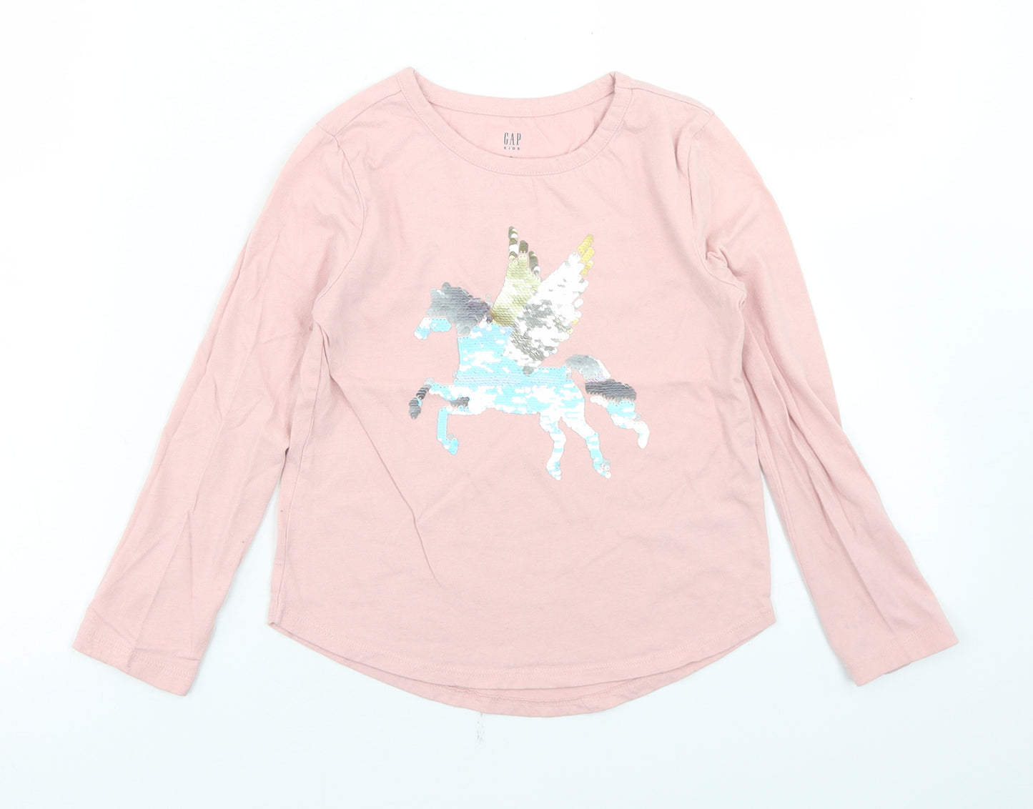 Gap Girls Pink  Cotton Basic T-Shirt Size 6-7 Years Round Neck  - Unicorn