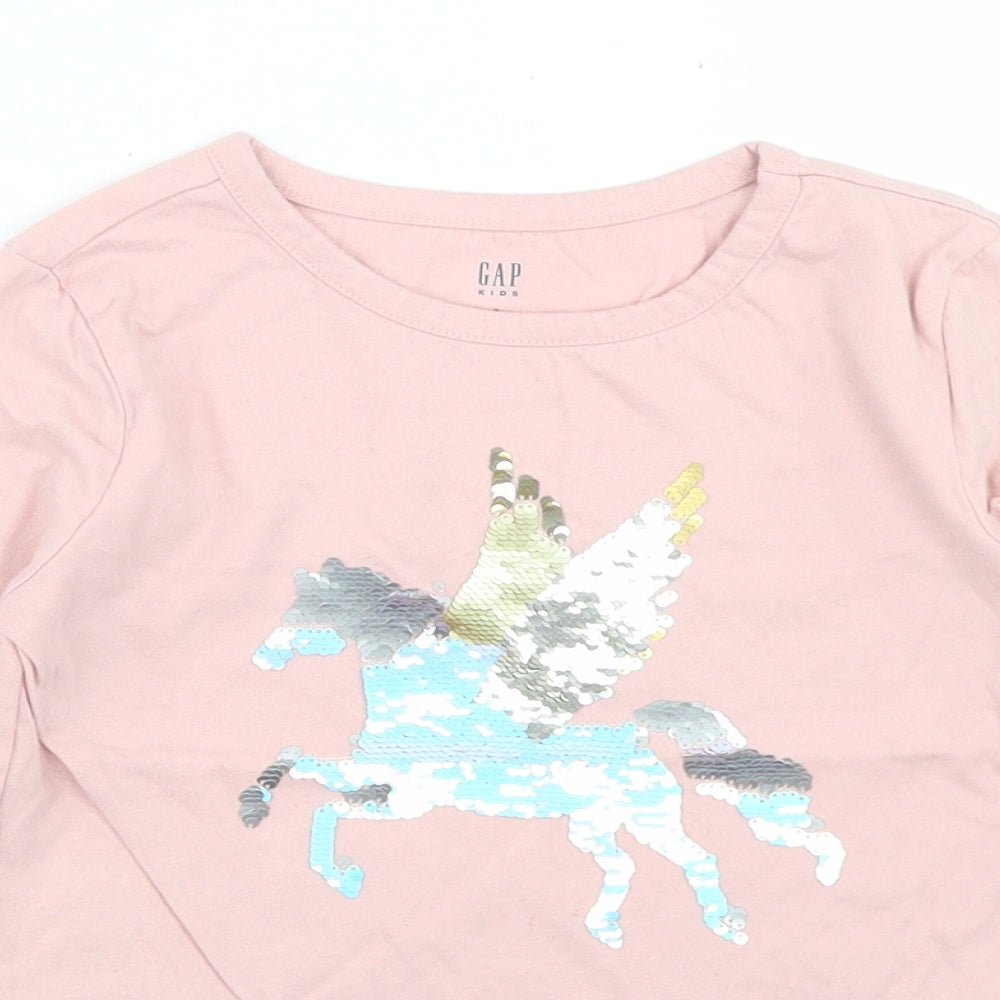 Gap Girls Pink  Cotton Basic T-Shirt Size 6-7 Years Round Neck  - Unicorn