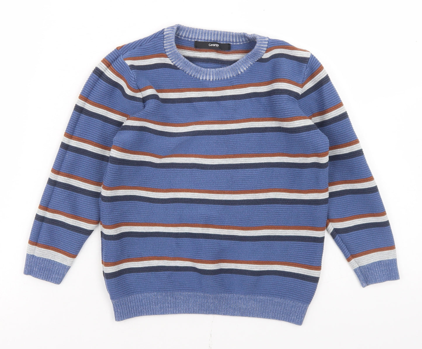 George Boys Blue Crew Neck Striped Cotton Pullover Jumper Size 4-5 Years