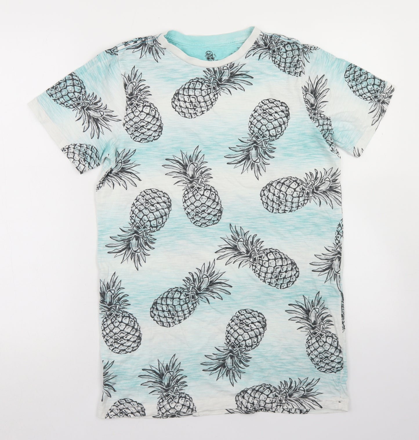 F&F Boys Blue Geometric Cotton Basic T-Shirt Size 12-13 Years Crew Neck  - Pineapple Print
