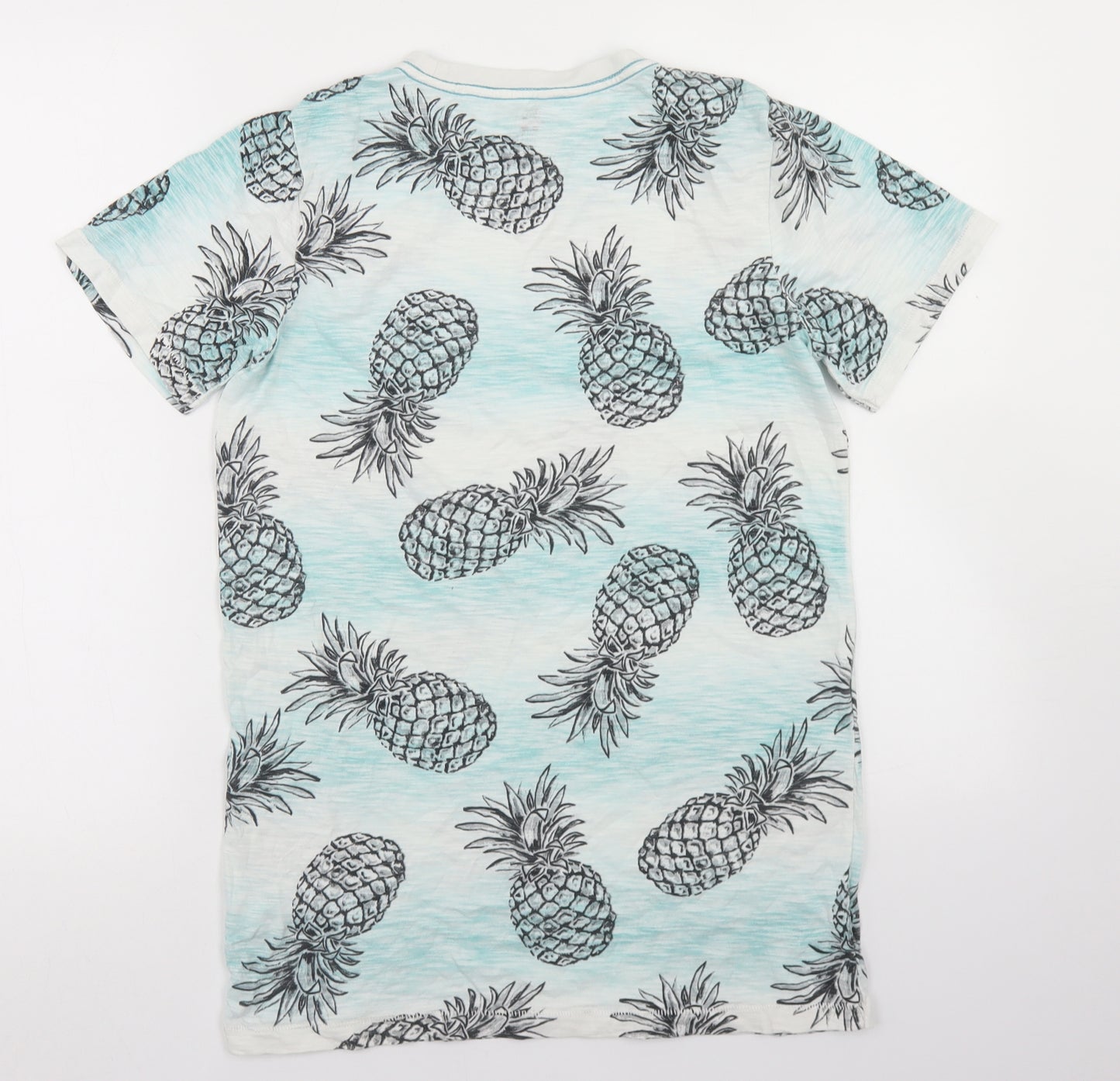 F&F Boys Blue Geometric Cotton Basic T-Shirt Size 12-13 Years Crew Neck  - Pineapple Print