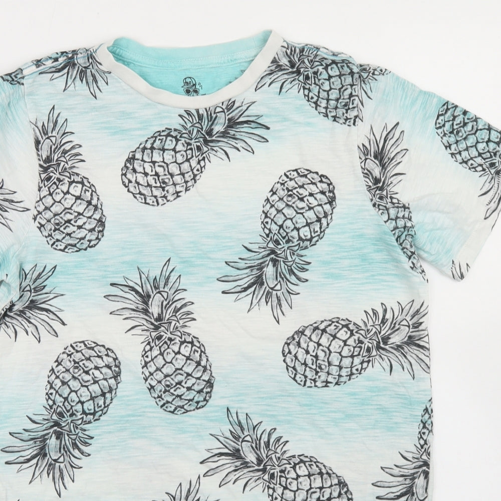 F&F Boys Blue Geometric Cotton Basic T-Shirt Size 12-13 Years Crew Neck  - Pineapple Print