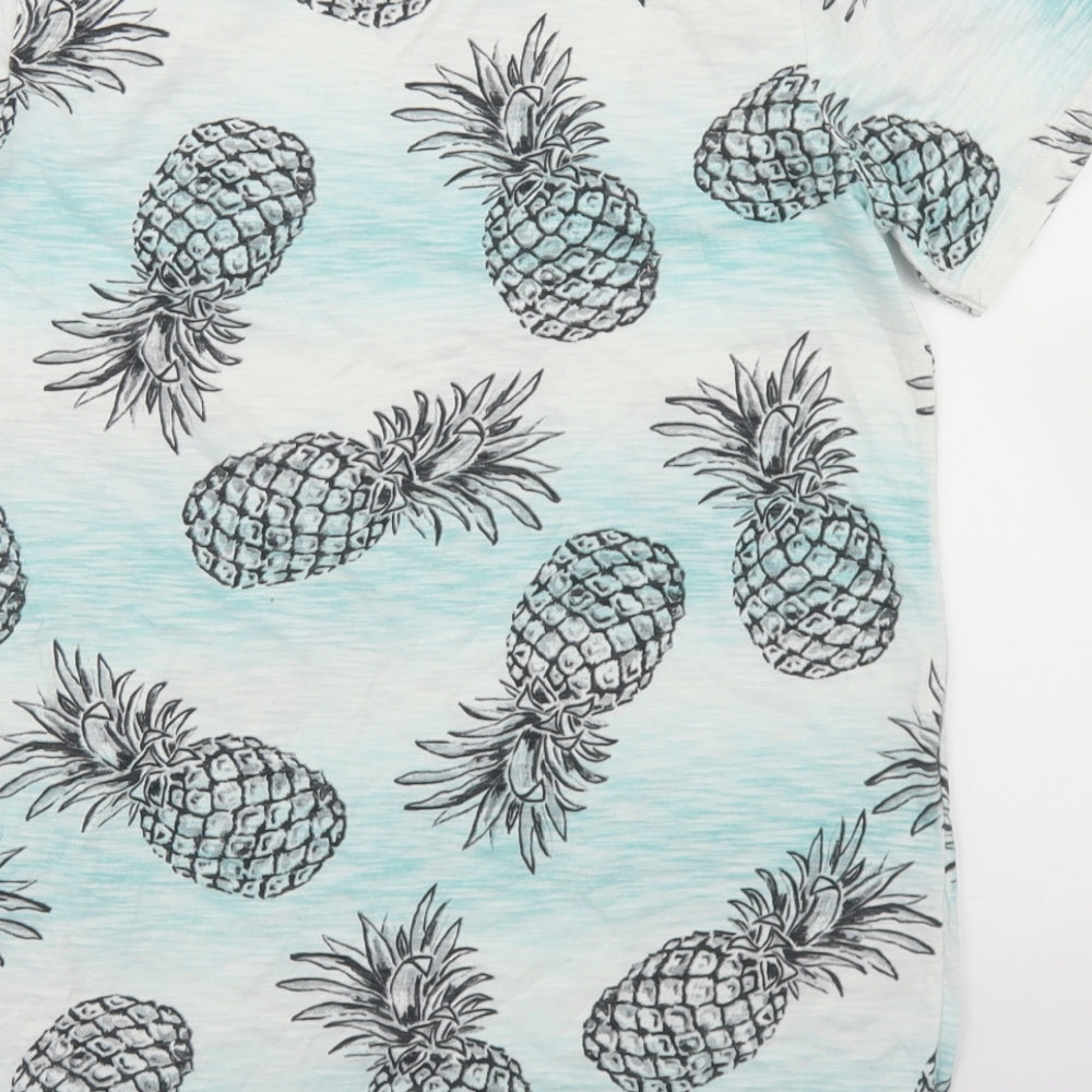 F&F Boys Blue Geometric Cotton Basic T-Shirt Size 12-13 Years Crew Neck  - Pineapple Print