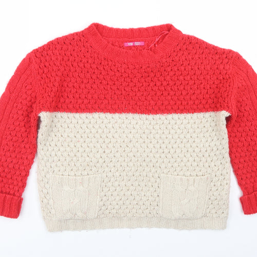 Young Dimension Girls Beige Round Neck Colourblock Acrylic Pullover Jumper Size 10-11 Years