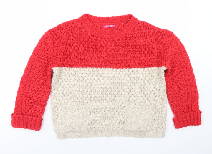 Young Dimension Girls Beige Round Neck Colourblock Acrylic Pullover Jumper Size 10-11 Years