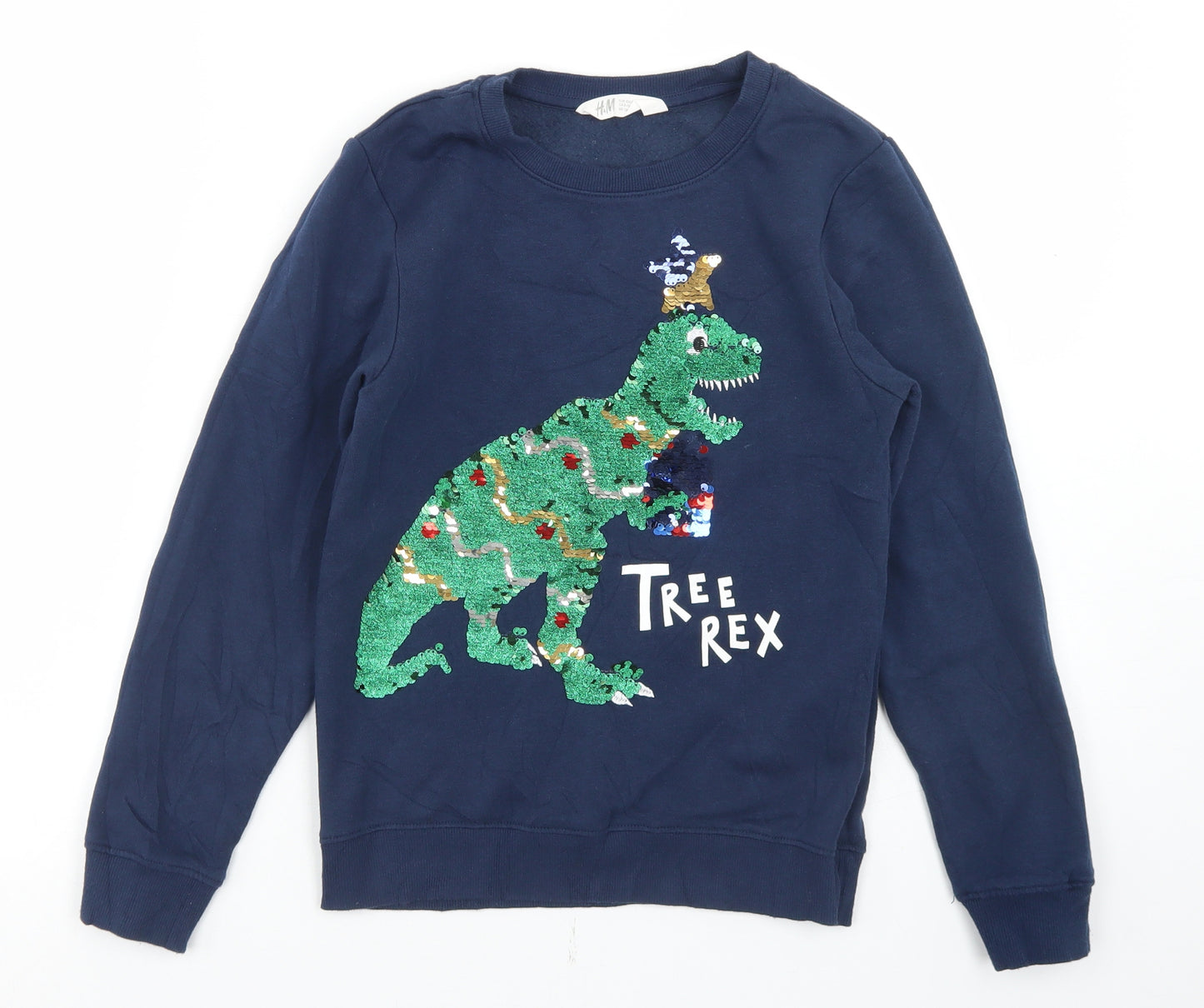 H&M Boys Blue  Cotton Pullover Sweatshirt Size 9-10 Years   - Christmas Tree Rex