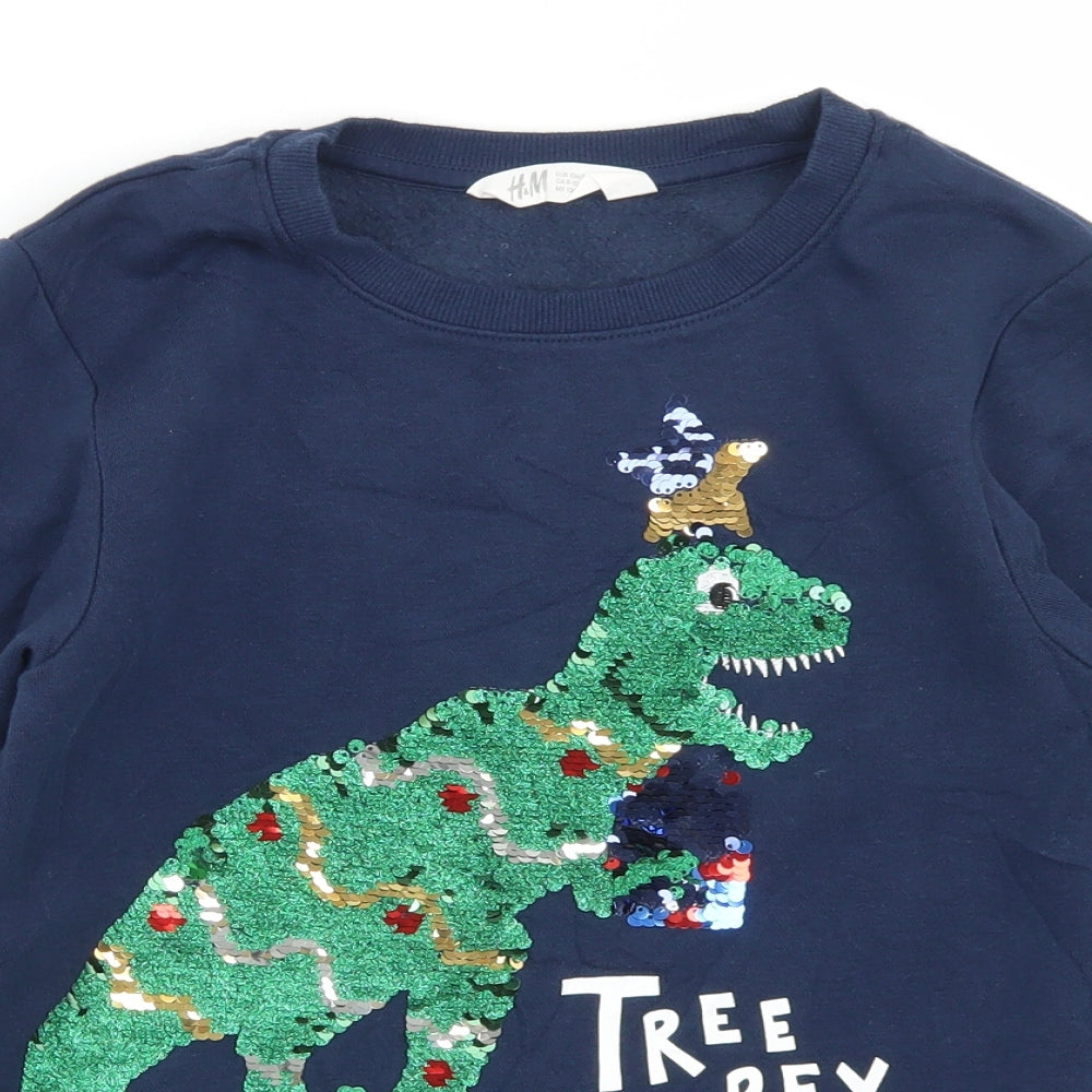 H&M Boys Blue  Cotton Pullover Sweatshirt Size 9-10 Years   - Christmas Tree Rex