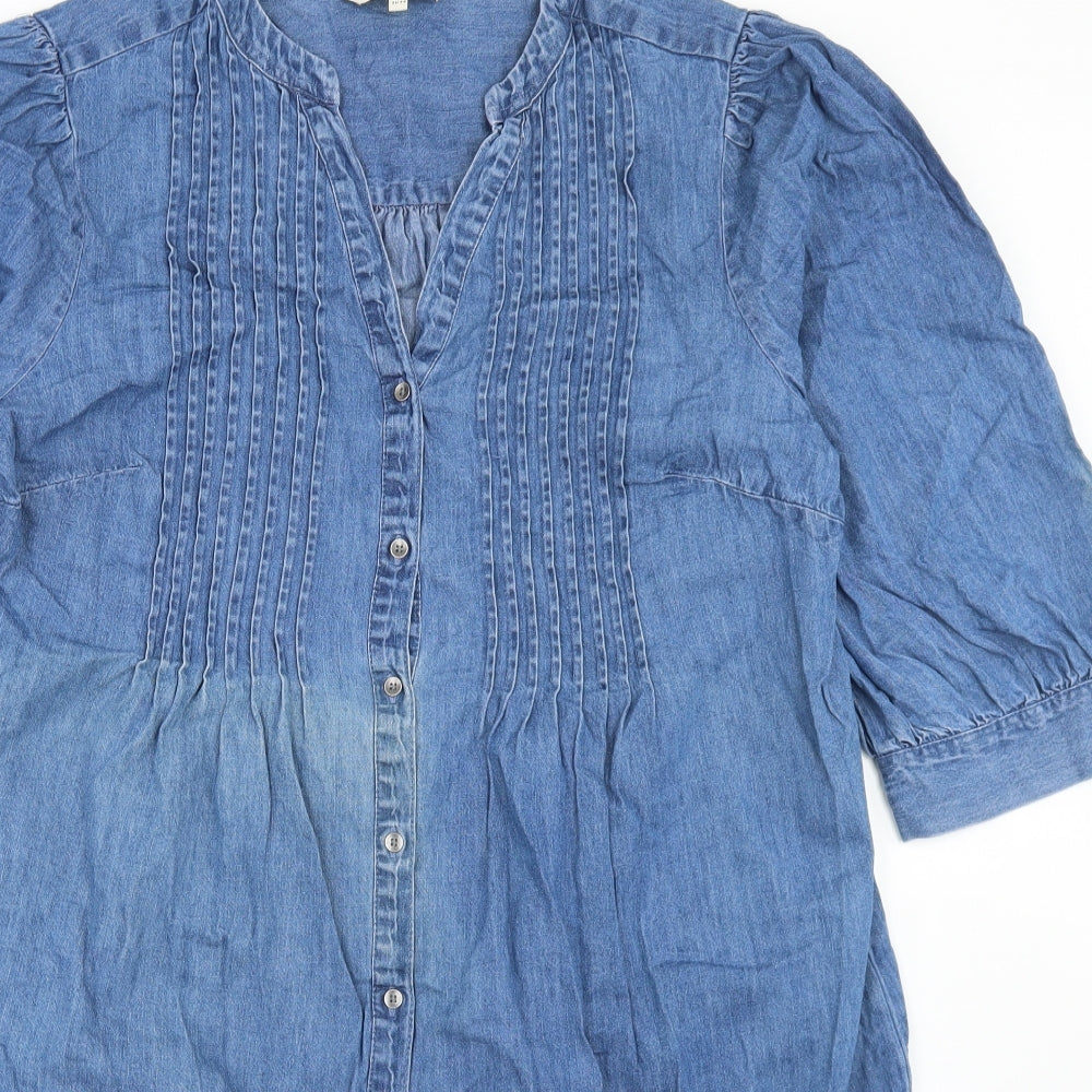 F&F Womens Blue  Cotton A-Line  Size 16  V-Neck Button - Puff sleeve