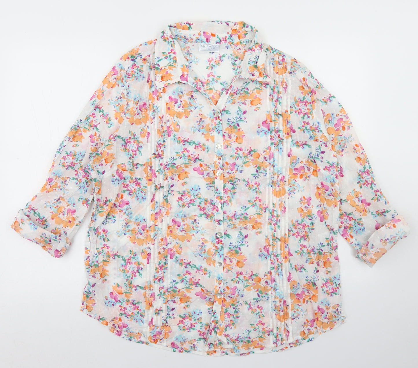 Cotswold Collection Womens White Floral Cotton Basic Button-Up Size 22 Collared