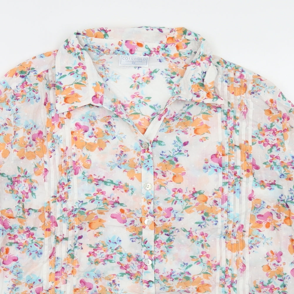 Cotswold Collection Womens White Floral Cotton Basic Button-Up Size 22 Collared