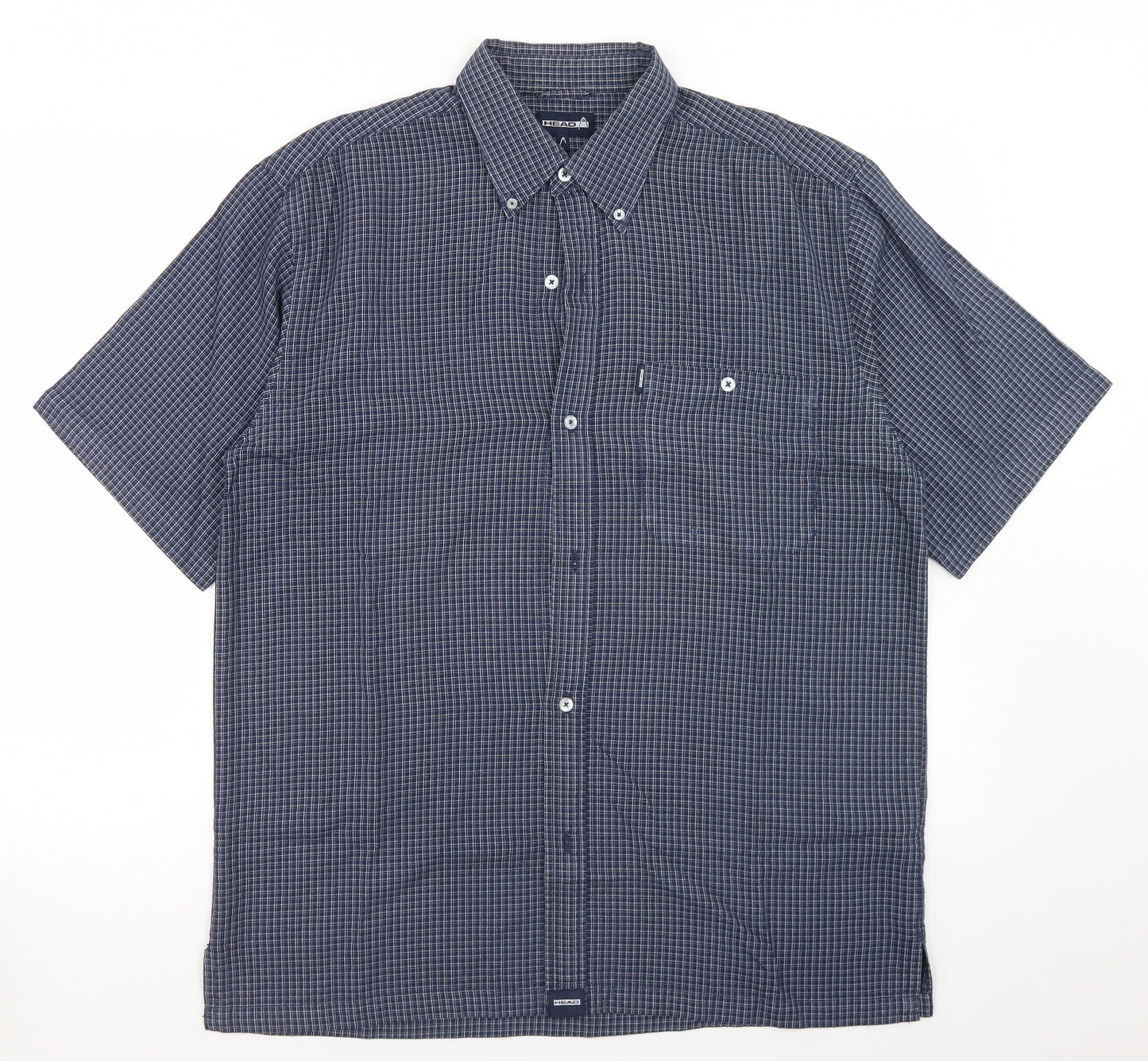 HEAD Mens Blue Check Viscose  Button-Up Size L Collared Button