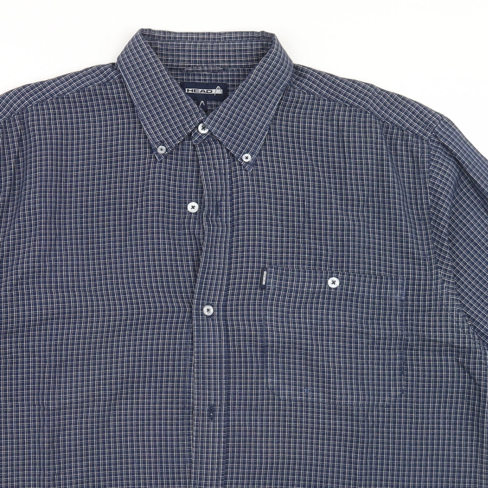 HEAD Mens Blue Check Viscose  Button-Up Size L Collared Button