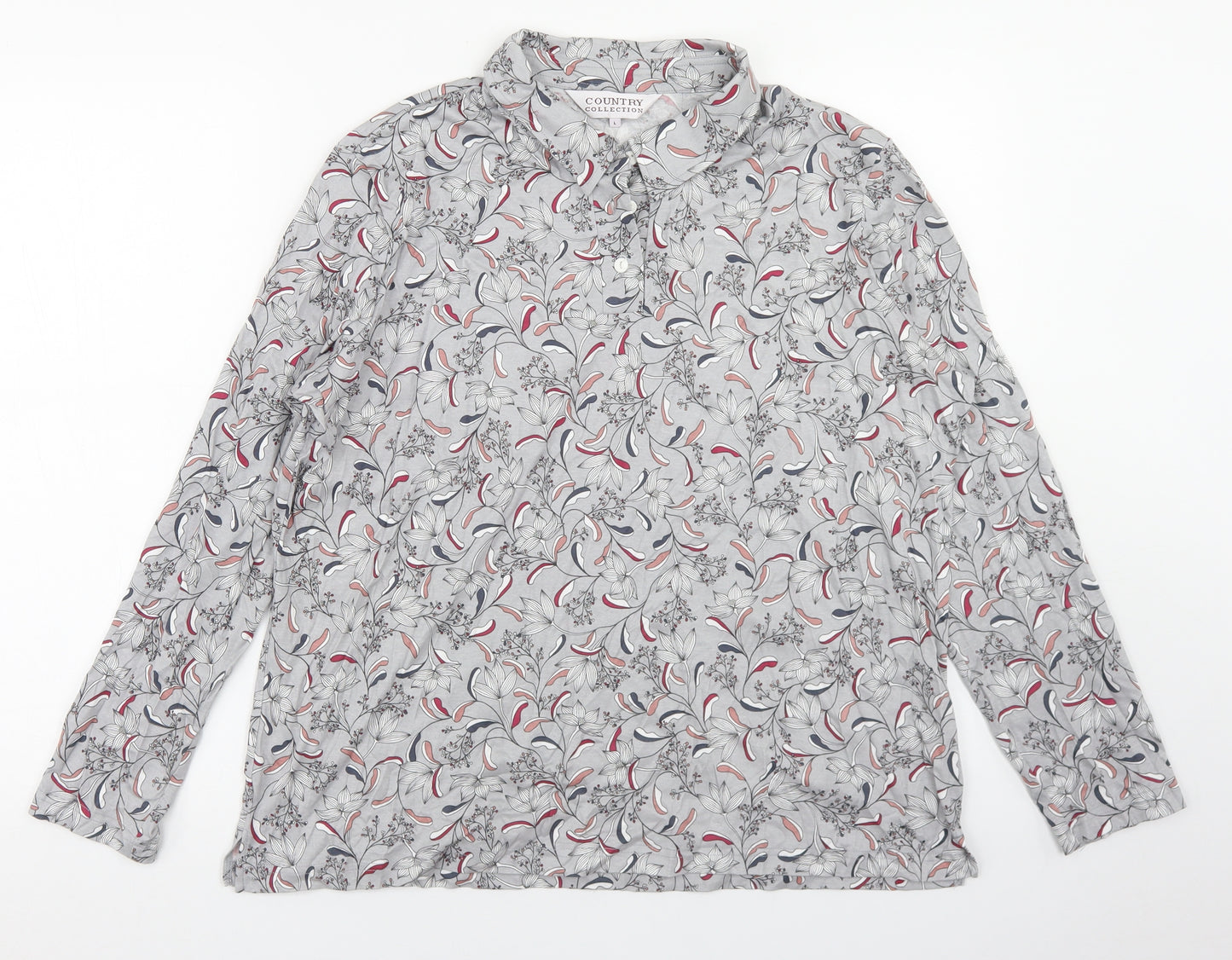 Country Collection Womens Grey Floral Cotton Basic Polo Size L Collared