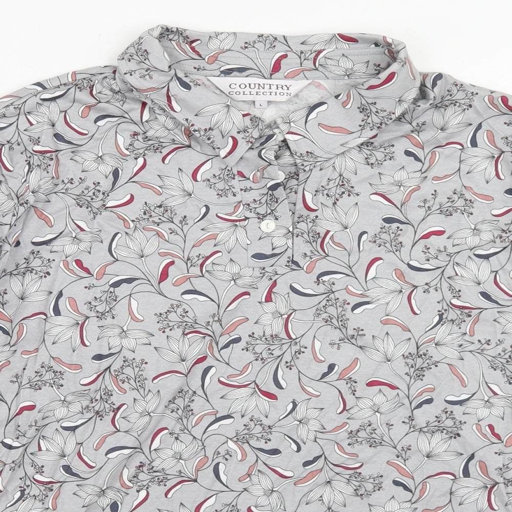 Country Collection Womens Grey Floral Cotton Basic Polo Size L Collared