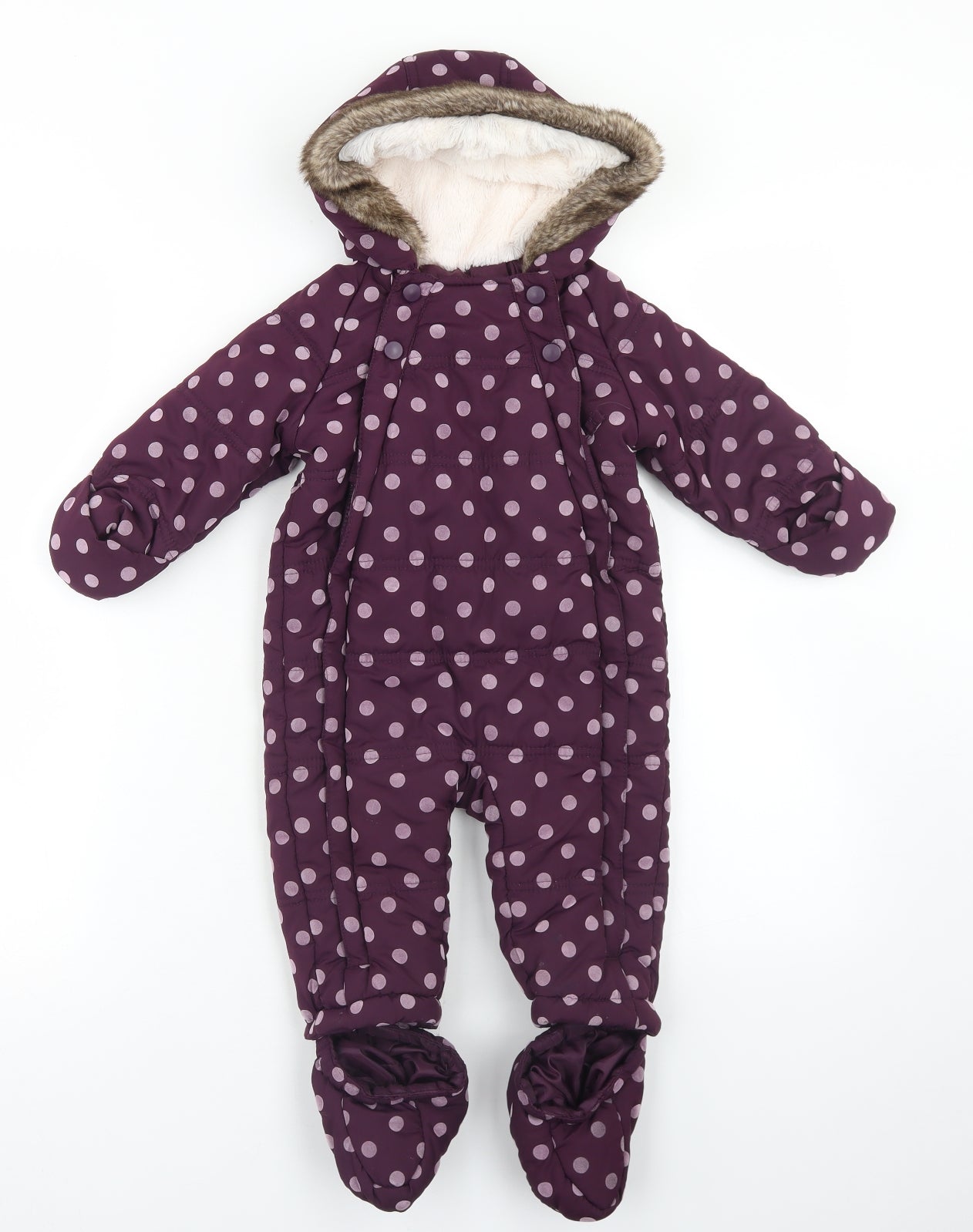 Marks and Spencer Girls Purple Polka Dot  Basic Coat Snowsuit Size 9-12 Months   Zip - With Booties