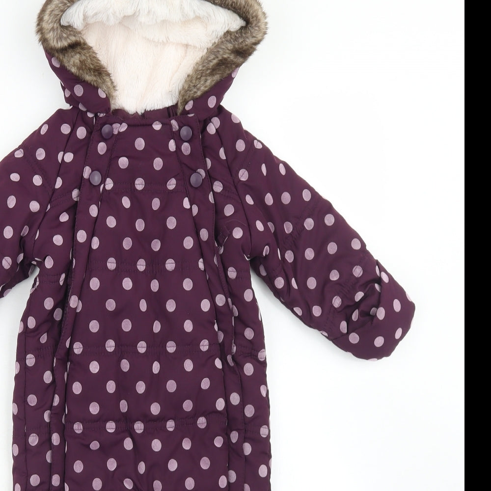 Marks and Spencer Girls Purple Polka Dot  Basic Coat Snowsuit Size 9-12 Months   Zip - With Booties