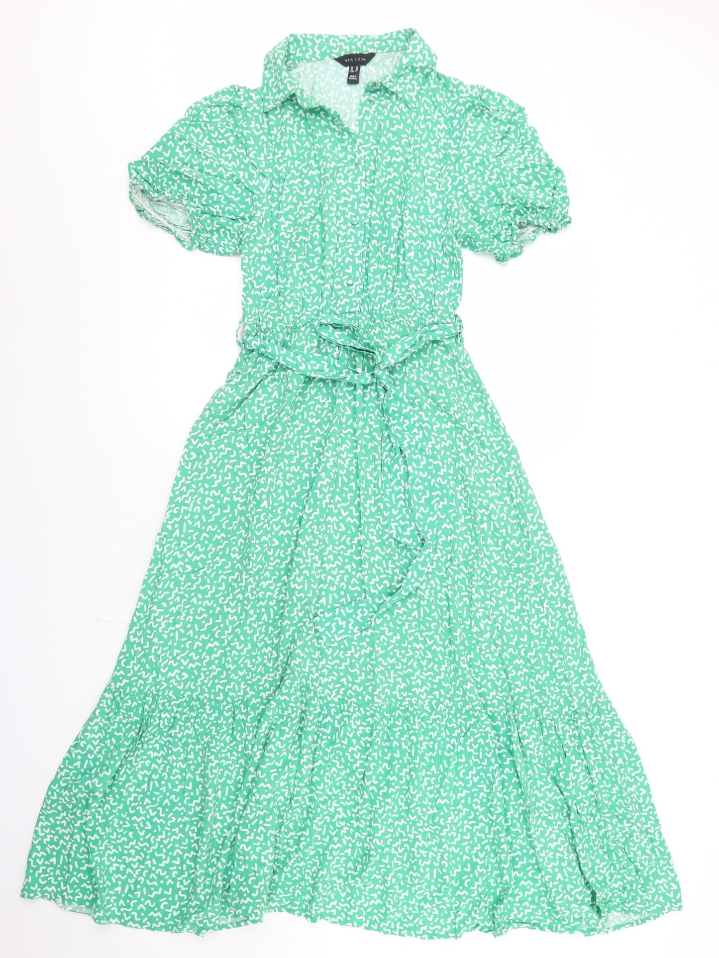 New Look Womens Green Geometric Viscose Fit & Flare  Size 10  Collared Button