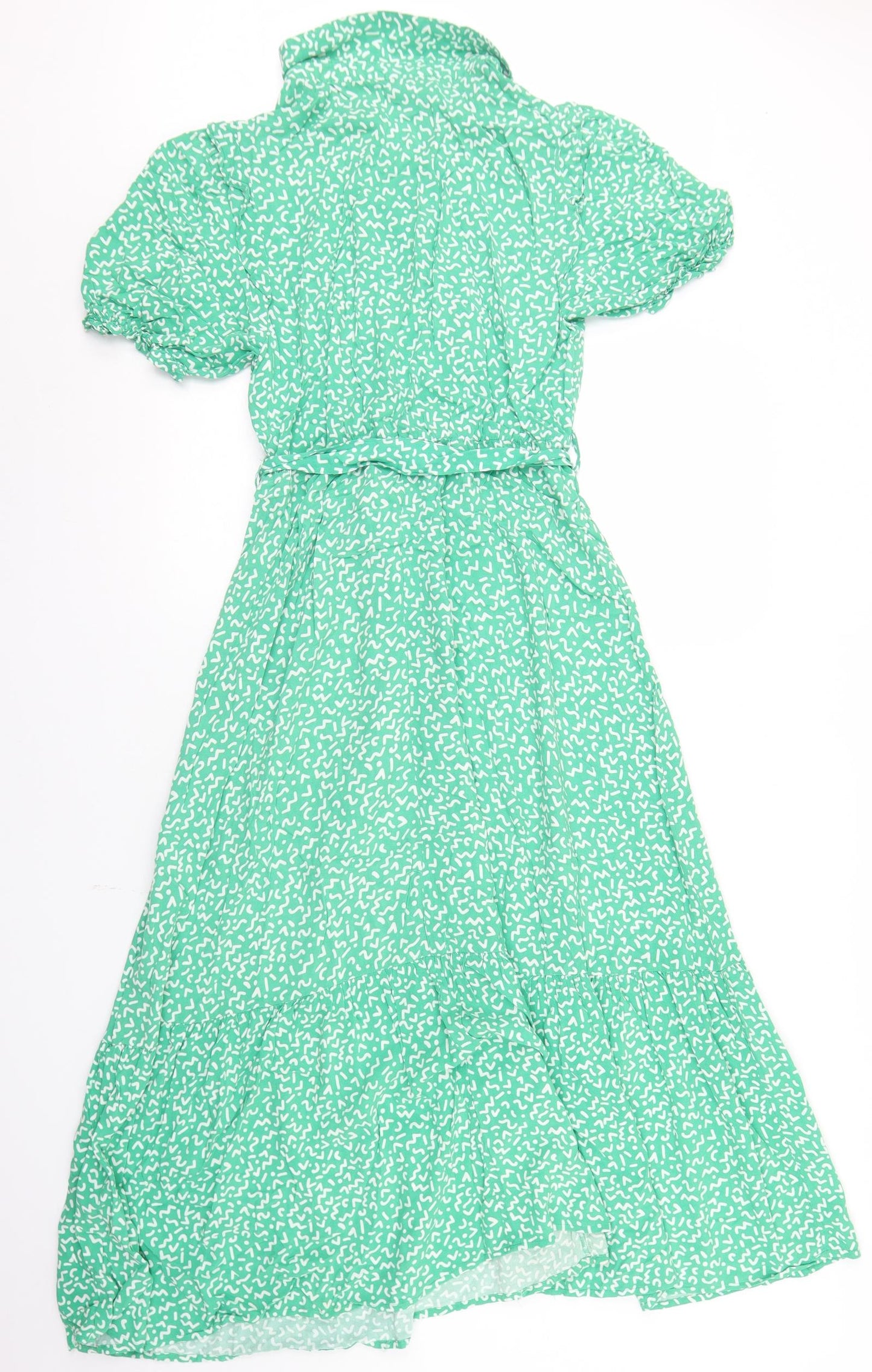 New Look Womens Green Geometric Viscose Fit & Flare  Size 10  Collared Button