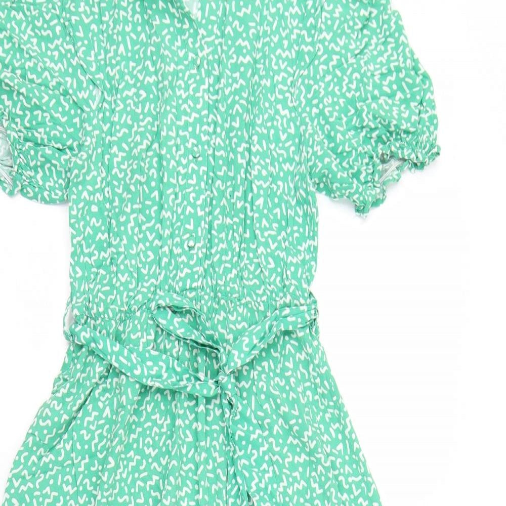 New Look Womens Green Geometric Viscose Fit & Flare  Size 10  Collared Button