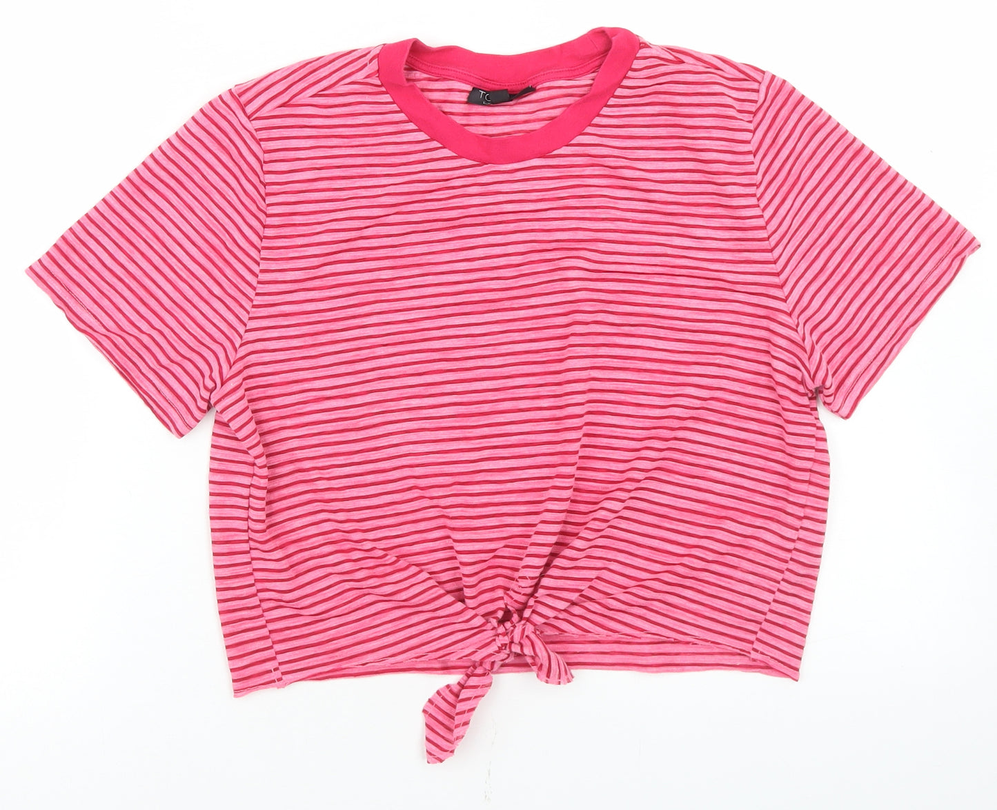 Topshop Womens Pink Striped Polyester Cropped T-Shirt Size 10 Crew Neck - Tie Front