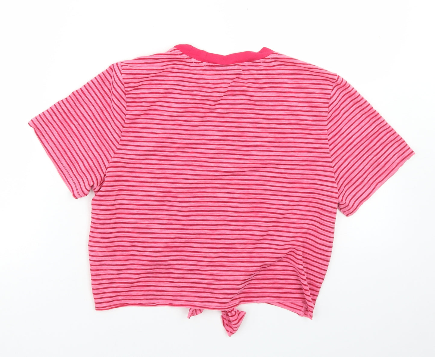 Topshop Womens Pink Striped Polyester Cropped T-Shirt Size 10 Crew Neck - Tie Front