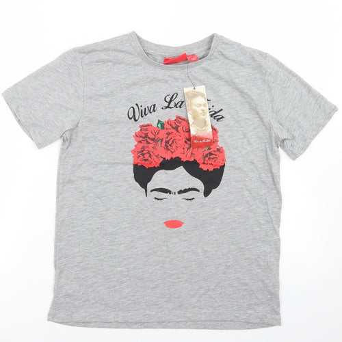 Primark Womens Grey  Polyester Basic T-Shirt Size XS Crew Neck - Frida Kahlo