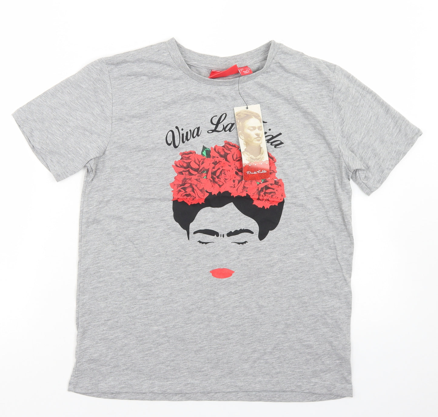 Primark Womens Grey  Polyester Basic T-Shirt Size XS Crew Neck - Frida Kahlo