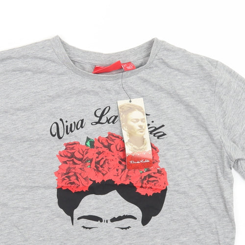 Primark Womens Grey  Polyester Basic T-Shirt Size XS Crew Neck - Frida Kahlo