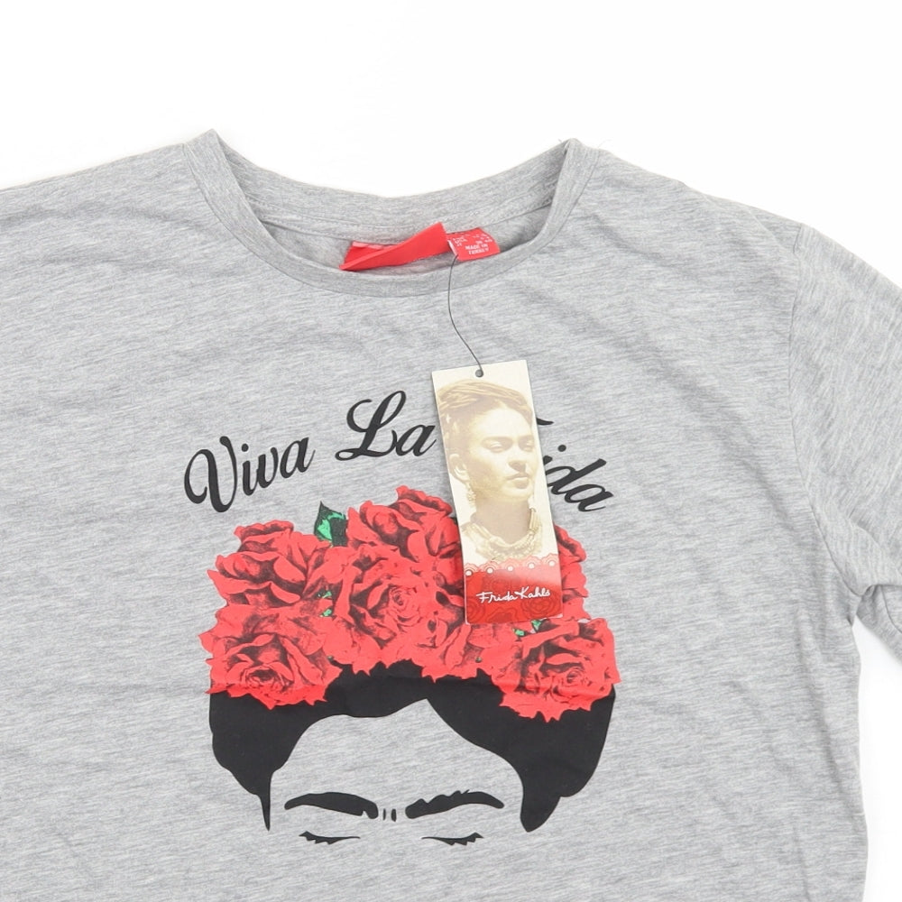 Primark Womens Grey  Polyester Basic T-Shirt Size XS Crew Neck - Frida Kahlo