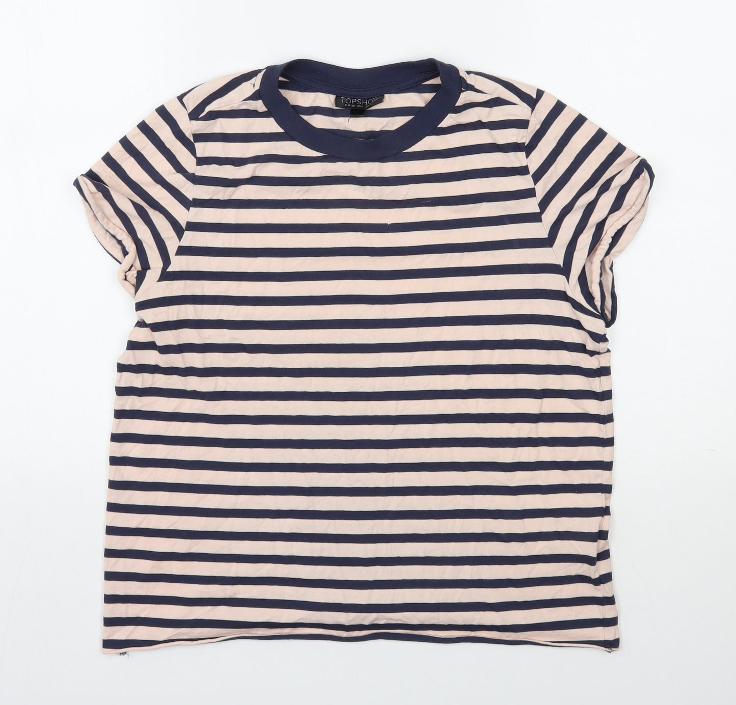 Topshop Womens Blue Striped Cotton Basic T-Shirt Size 10 Round Neck