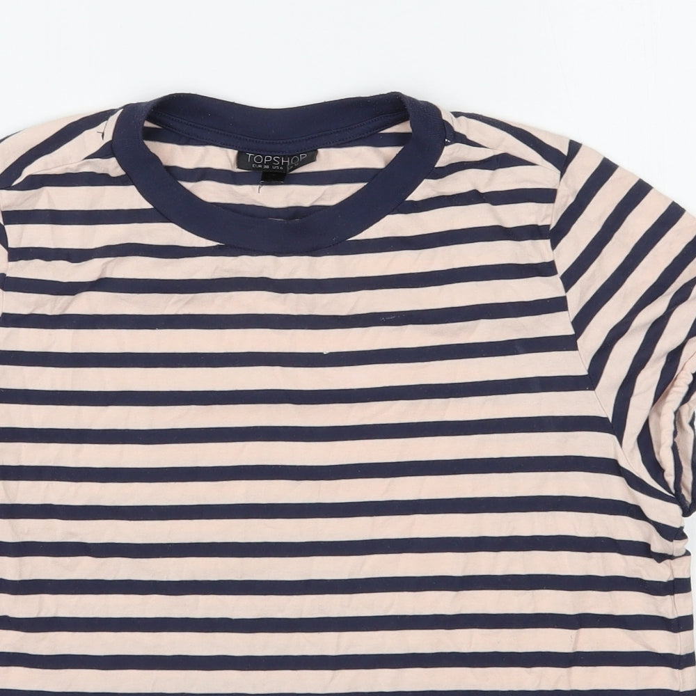Topshop Womens Blue Striped Cotton Basic T-Shirt Size 10 Round Neck