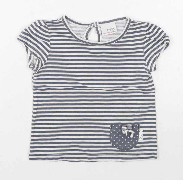 NEXT Girls Grey Striped 100% Cotton Basic T-Shirt Size 12-18 Months Round Neck Pullover
